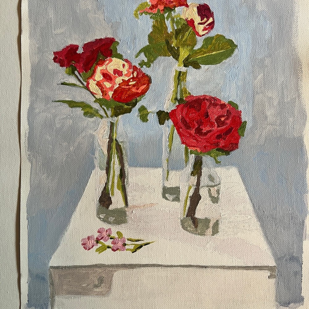 Three Bottles of Flowers on Table Original Canvas Painting by Brittony Martin
